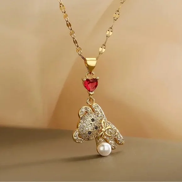 Gold Teddy Bear Pendant Necklace with Red Heart. - Picture 5 of 6